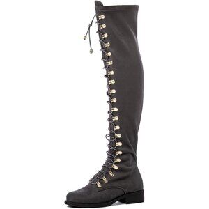 Women's Grey Faux Leather Side Zipper Over The Knee Thigh High Tall Boots